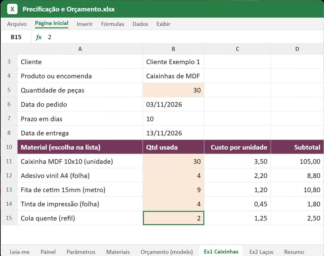 Aba de uma encomenda com materiais, quantidades e custo por unidade